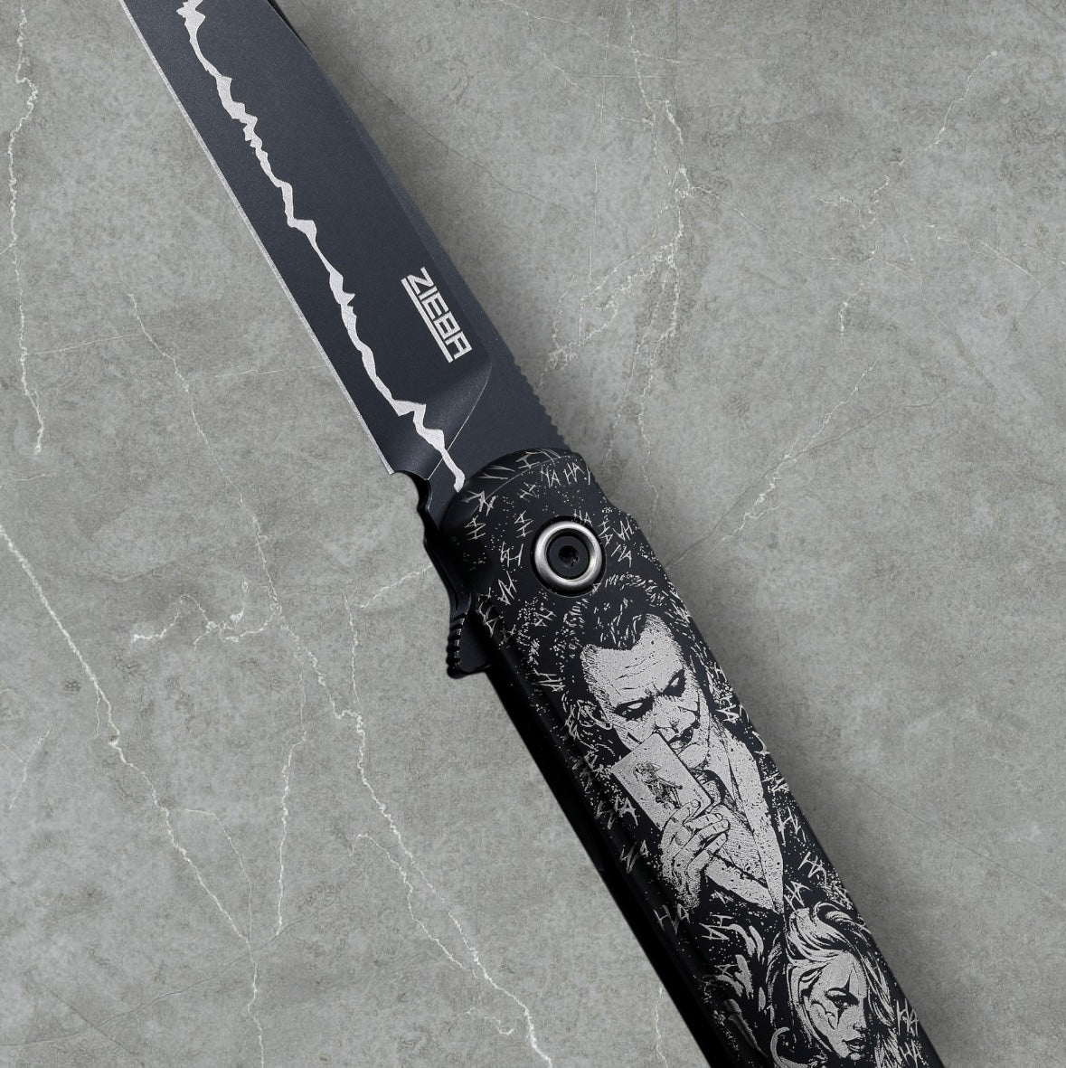 Zieba Knives-Zieba NINE Joker Harpoon - Black Ti Handle w/ "Joker" Theme - Magnacut Harpoon Blade - Brass Skulls Spacer - Ti Devil Tail Clip #4795-Urban Cutlery