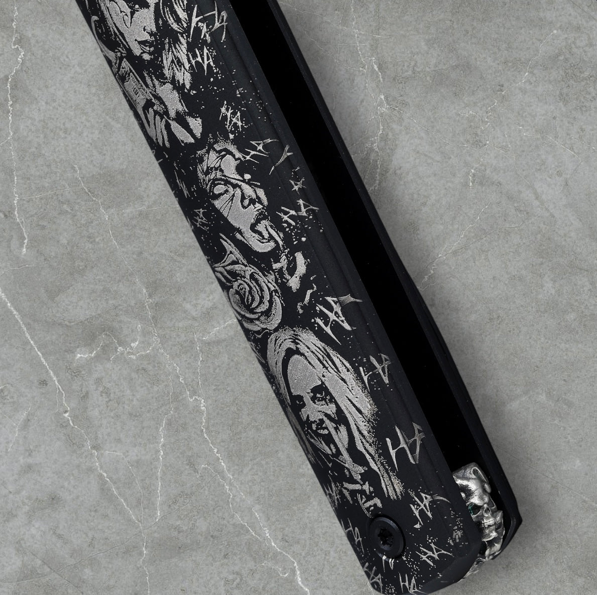 Zieba Knives-Zieba NINE Joker Harpoon - Black Ti Handle w/ "Joker" Theme - Magnacut Harpoon Blade - Brass Skulls Spacer - Ti Devil Tail Clip #4795-Urban Cutlery