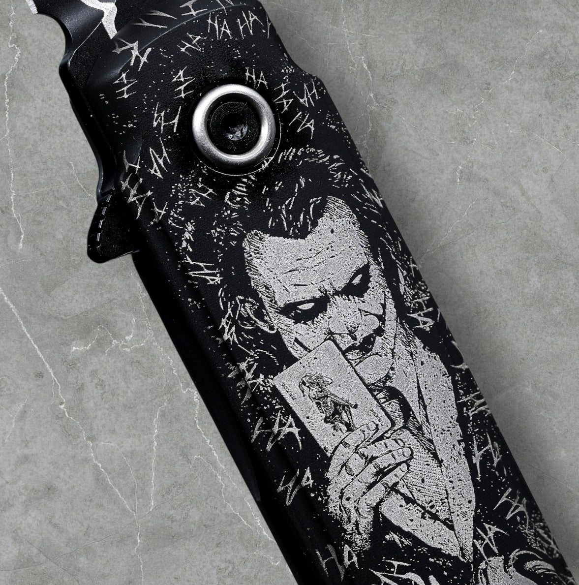 Zieba Knives-Zieba NINE Joker Harpoon - Black Ti Handle w/ "Joker" Theme - Magnacut Harpoon Blade - Brass Skulls Spacer - Ti Devil Tail Clip #4795-Urban Cutlery