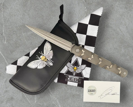 Zieba Knives-Zieba NINE Silver Moth Dagger - Grey Flamed Ti Handle w/ Silver Moth Inlays - Magnacut Dagger Blade - Brass Skulls Spacer - Ti Devil Tail Clip #4797-Urban Cutlery