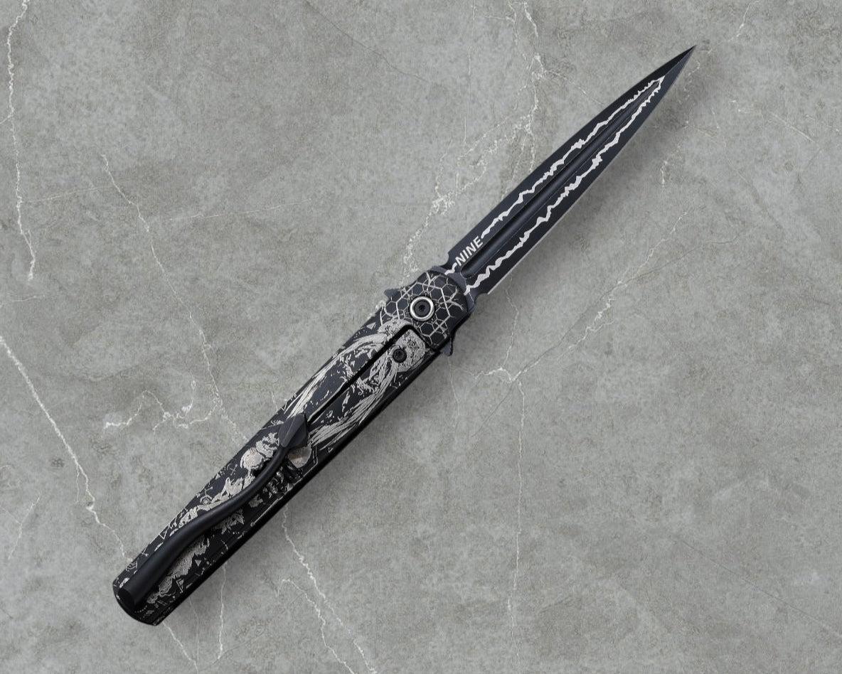 Zieba Knives-Zieba NINE WOLF Dagger - Black Ti Handle w/ "Wolf" Characters - Magnacut Dagger Blade - Brass Skulls Spacer - Ti Devil Tail Clip #4792-Urban Cutlery