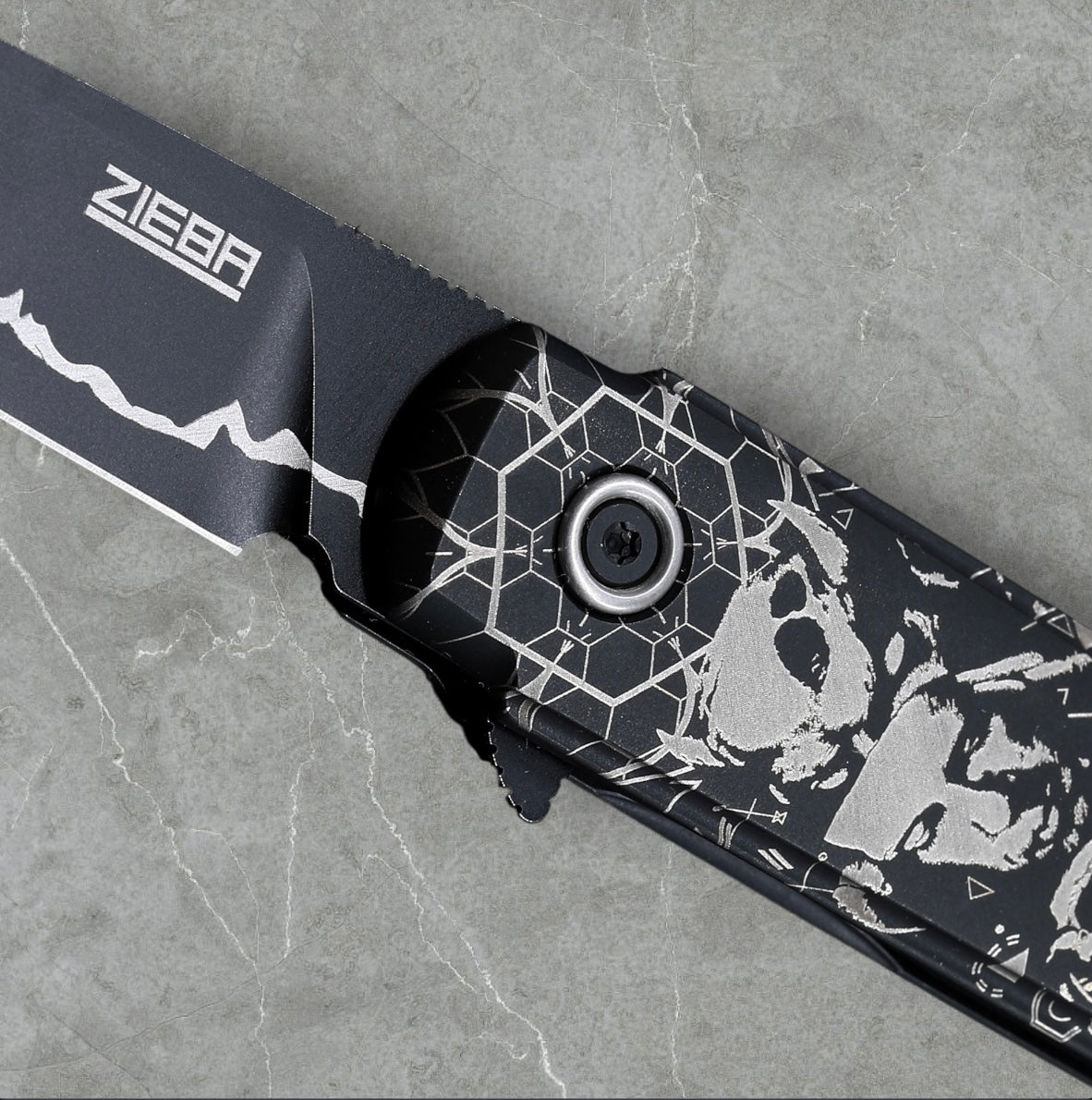 Zieba Knives-Zieba NINE WOLF Harpoon - Black Ti Handle w/ "Wolf" Characters - Magnacut Harpoon Blade - Brass Skulls Spacer - Ti Devil Tail Clip #4798-Urban Cutlery