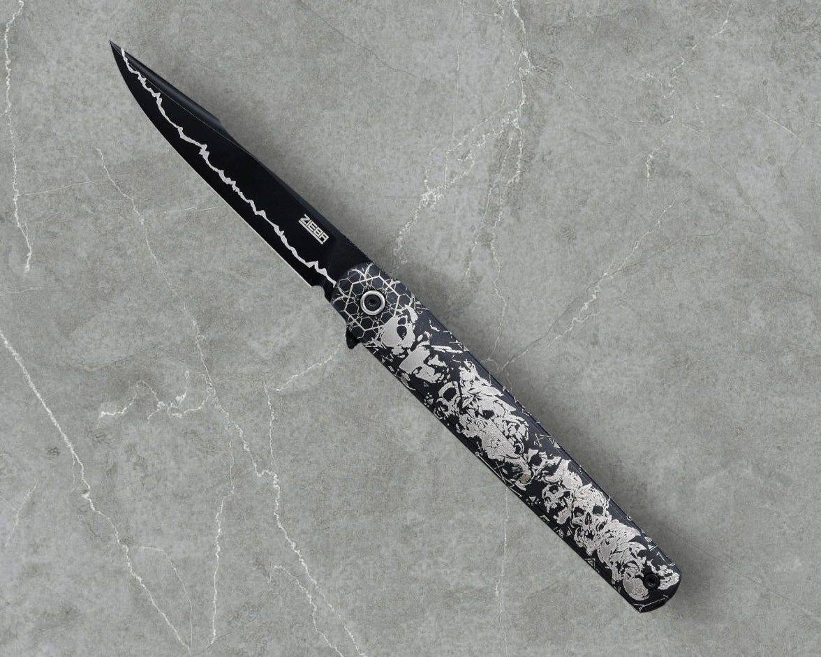 Zieba Knives-Zieba NINE WOLF Harpoon - Black Ti Handle w/ "Wolf" Characters - Magnacut Harpoon Blade - Brass Skulls Spacer - Ti Devil Tail Clip #4798-Urban Cutlery