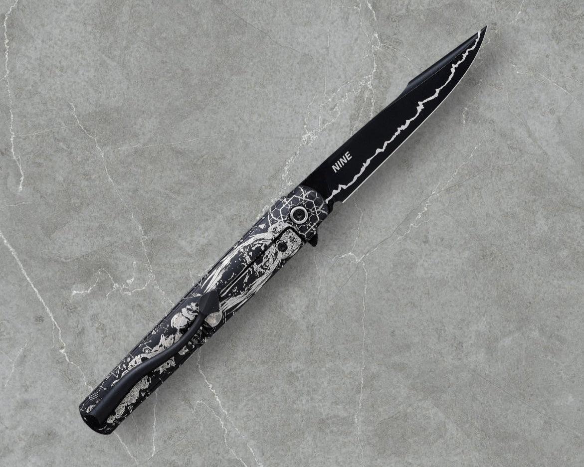 Zieba Knives-Zieba NINE WOLF Harpoon - Black Ti Handle w/ "Wolf" Characters - Magnacut Harpoon Blade - Brass Skulls Spacer - Ti Devil Tail Clip #4798-Urban Cutlery