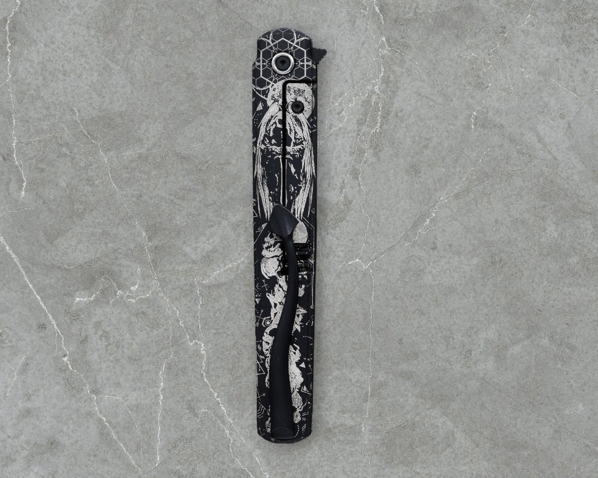 Zieba Knives-Zieba NINE WOLF Harpoon - Black Ti Handle w/ "Wolf" Characters - Magnacut Harpoon Blade - Brass Skulls Spacer - Ti Devil Tail Clip #4798-Urban Cutlery