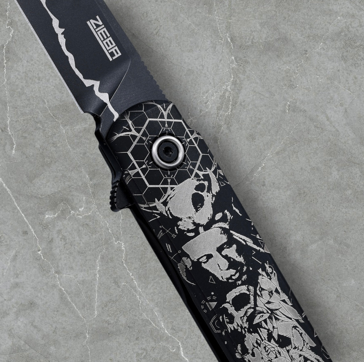 Zieba Knives-Zieba NINE WOLF Harpoon - Black Ti Handle w/ "Wolf" Characters - Magnacut Harpoon Blade - Brass Skulls Spacer - Ti Devil Tail Clip #4798-Urban Cutlery