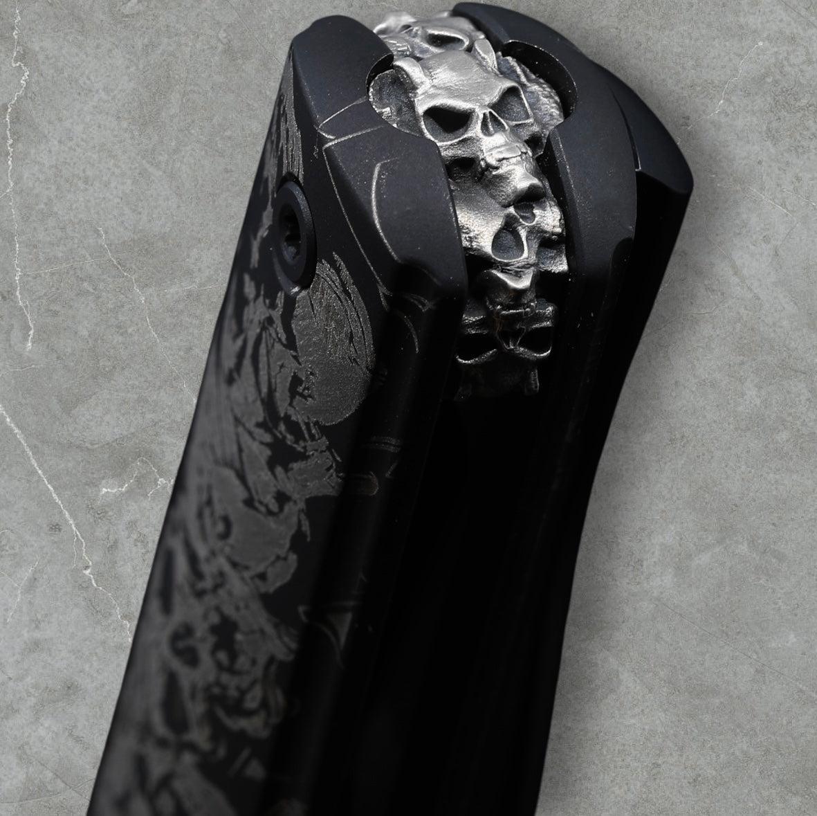 Zieba Knives-Zieba NINE WOLF Harpoon - Black Ti Handle w/ "Wolf" Characters - Magnacut Harpoon Blade - Brass Skulls Spacer - Ti Devil Tail Clip #4798-Urban Cutlery