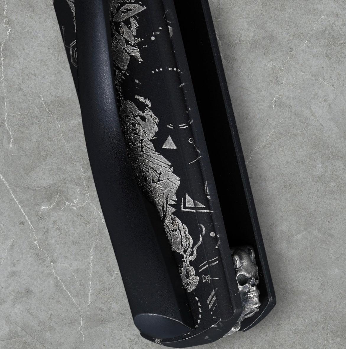 Zieba Knives-Zieba NINE WOLF Harpoon - Black Ti Handle w/ "Wolf" Characters - Magnacut Harpoon Blade - Brass Skulls Spacer - Ti Devil Tail Clip #4798-Urban Cutlery