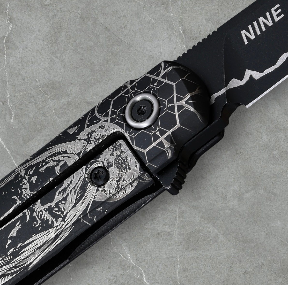Zieba Knives-Zieba NINE WOLF Harpoon - Black Ti Handle w/ "Wolf" Characters - Magnacut Harpoon Blade - Brass Skulls Spacer - Ti Devil Tail Clip #4798-Urban Cutlery